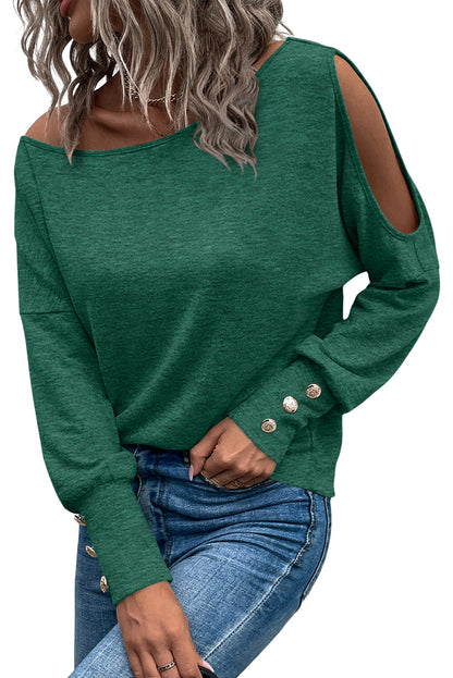 Green Boat Neck Asymmetric Cutout Long Sleeve Top