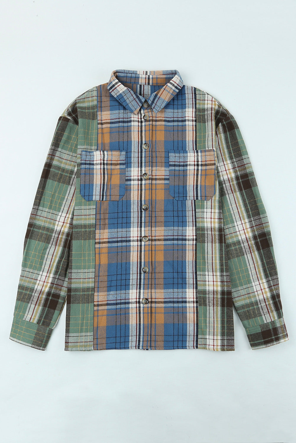 Green Plaid Colorblock Casual Pockets Button Up Shacket