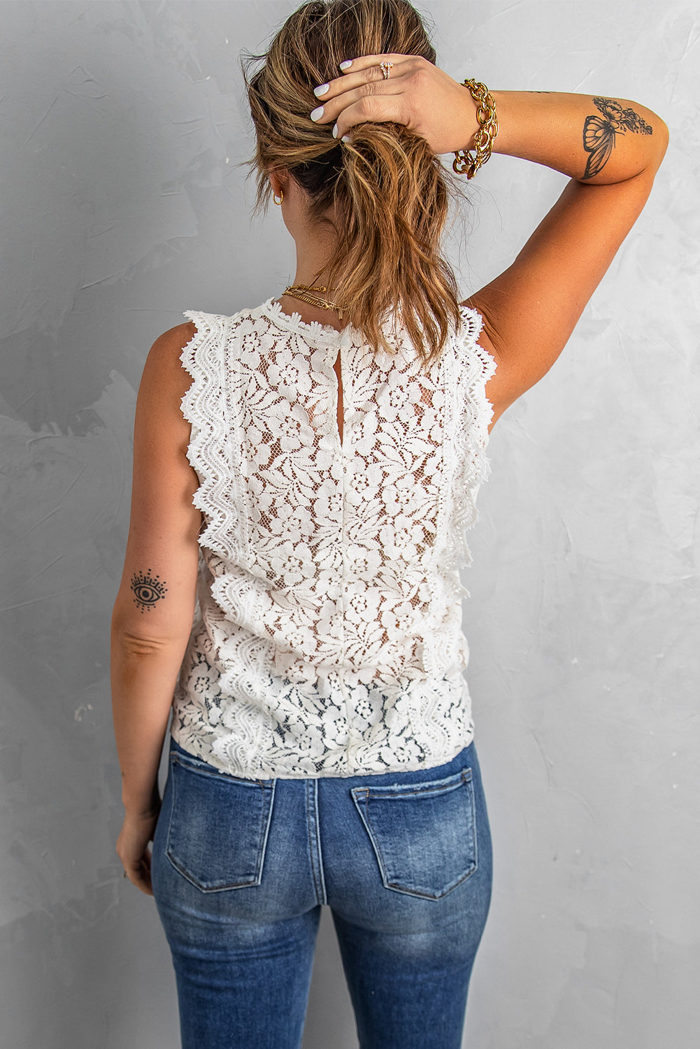 White V Neck Sleeveless Lace Top for Summer