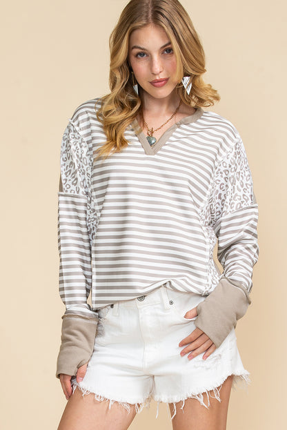 White Striped and Leopard Patchwork V Neck Long Sleeve Top