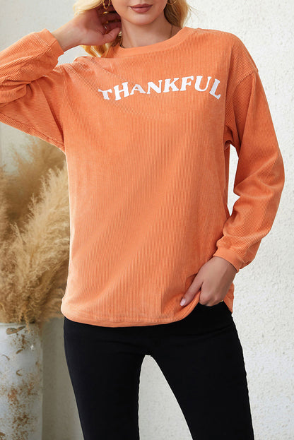 Orange-3 THANKFUL Letter Graphic Corded Sweatshirt