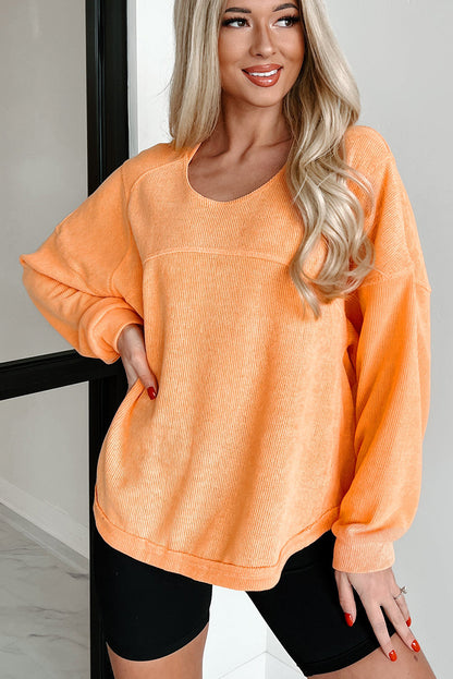 Grapefruit Orange Solid Color Textured High Low Long Sleeve Top