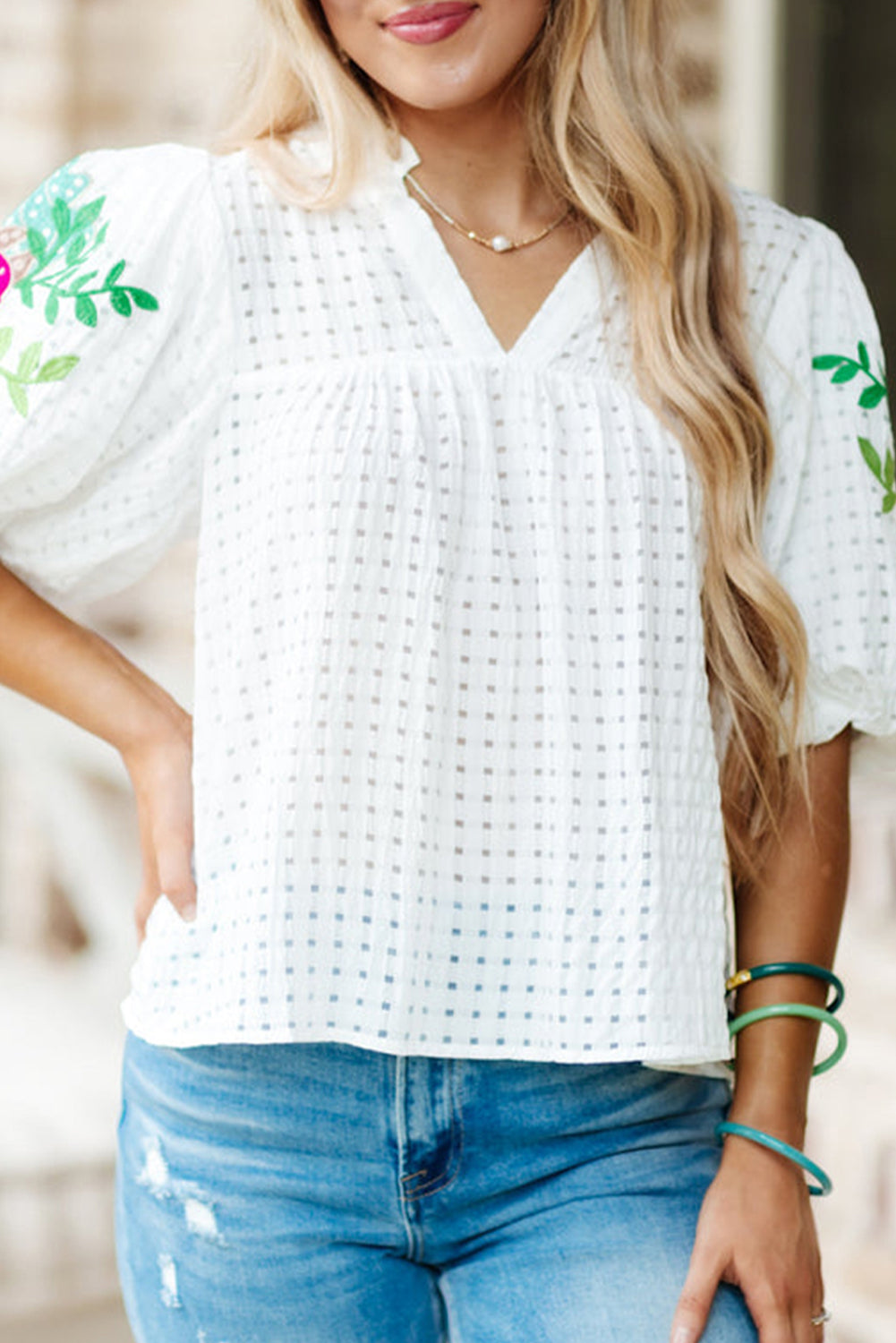 White Floral Embroidered Puff Sleeve Notched Neck Blouse