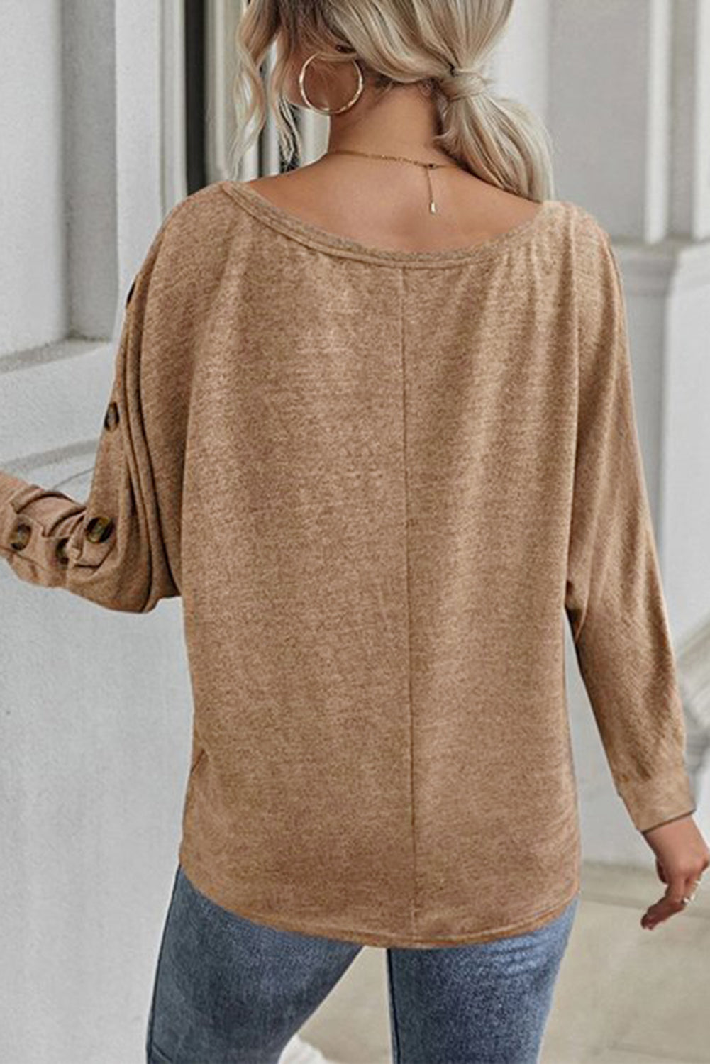 Gray Solid Color Button Decor Dolman Sleeve Top