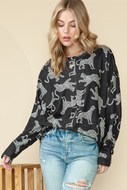 Black Cheetah Print Center Seamed Long Sleeve Top