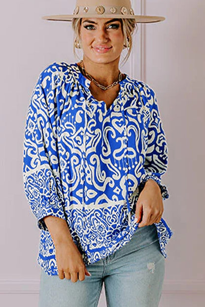 Blue Boho Abstract Print 3/4 Sleeve Tie Neck Blouse