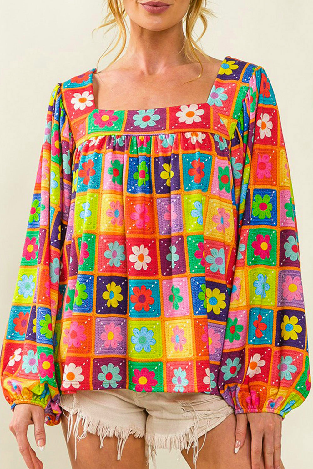 Multicolor Flower Pattern Lantern Sleeve Square Neck Top