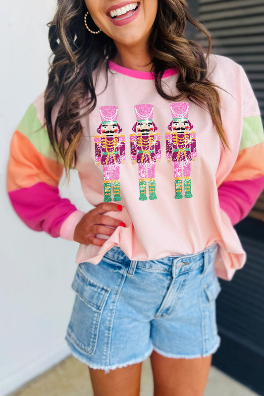 Pink Colorblock Nutcracker Print Graphic Sweatshirt