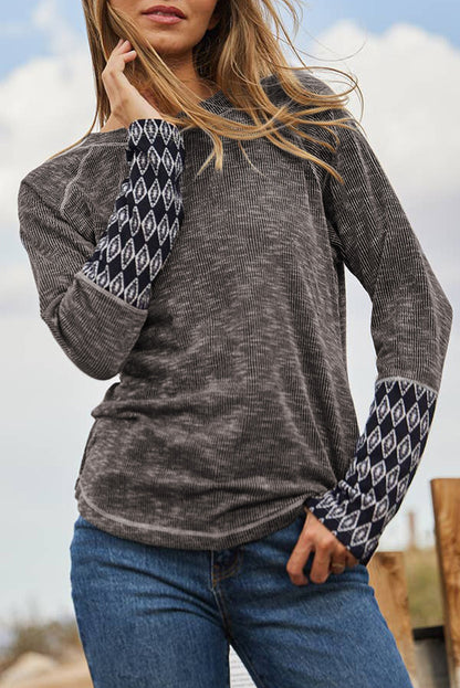 Gray Ribbed Casual Geometric Patchwork Long Sleeve Top