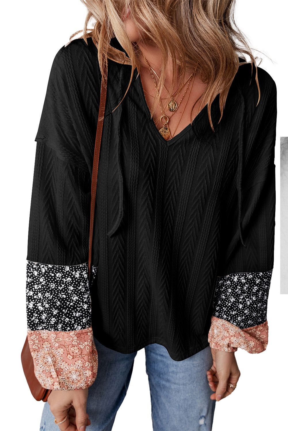 Black Floral Patchwork Textured Drawstring V Neck Top