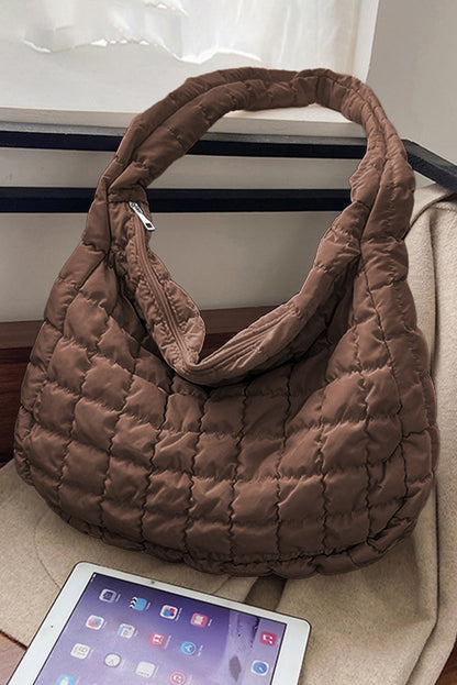 Coffee Casual Quilted Zipper Large Shoulder Bag