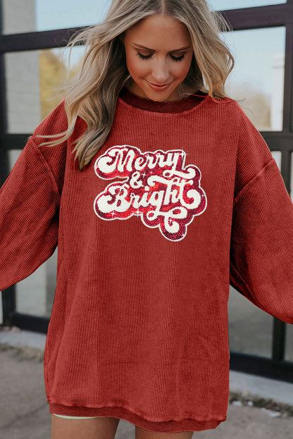 Racing Red Merry & Bright Sequin Ribbed Graphic Sweatshirt