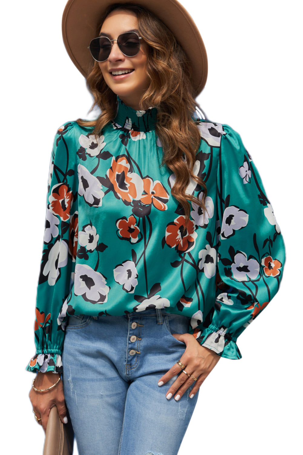 Green Mock Neck Top Floral Print Long Sleeve Silk Blouse