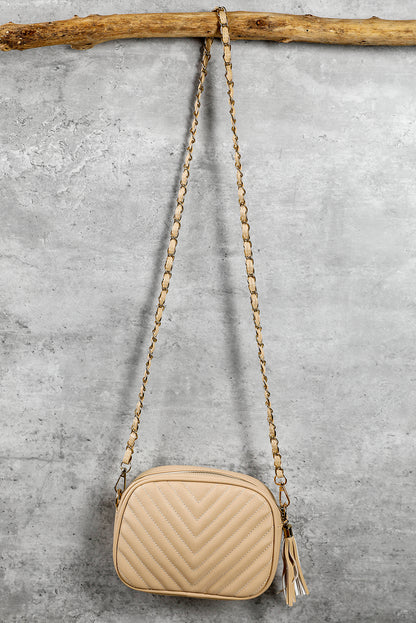 Oatmeal Chevron Stitch PU Leather Chain Strap Shoulder Bag