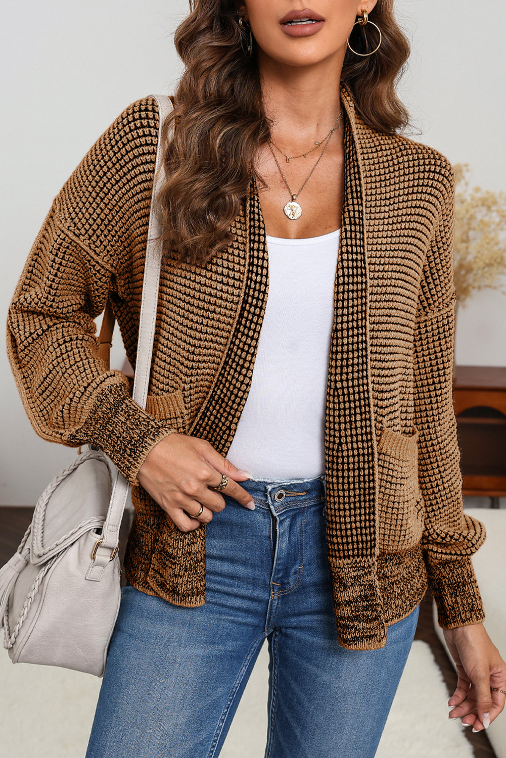 Apricot Chunky Knit Pockets Drop Sleeve Cardigan