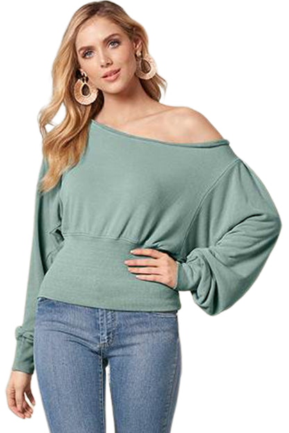 Green Solid Color Boat Neck Puff Sleeve Top