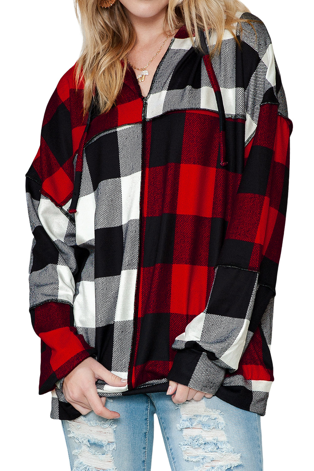 Multicolor Patchwork Buffalo Plaid Hooded Top