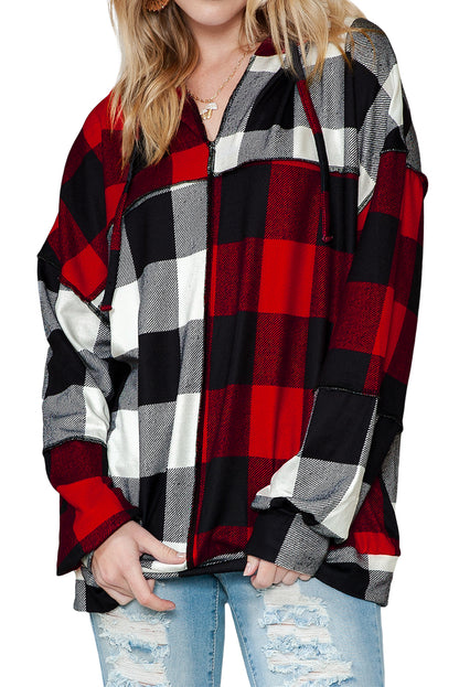 Multicolor Patchwork Buffalo Plaid Hooded Top