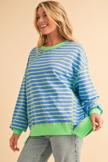 Sky Blue Stripe Contrast Trim High Low Tunic Sweatshirt