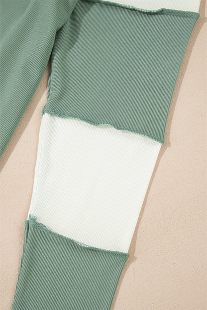 Mint Green Ribbed Colorblock Patchwork Raglan Long Sleeve Top