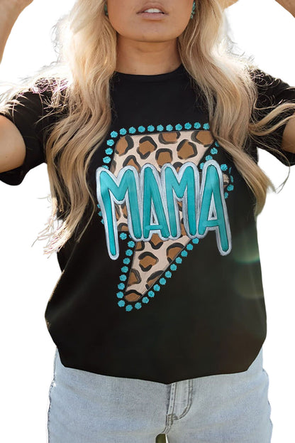 Black Casual MAMA Leopard Lightening Graphic Tee