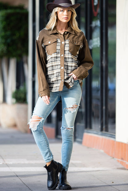 Brown Plaid Patchwork Pockets Denim Jacket