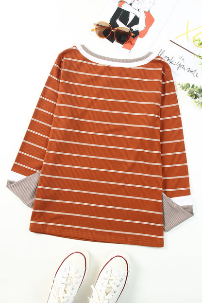 Brown Contrast Spliced Color Block Cuffs Rib Knit Top