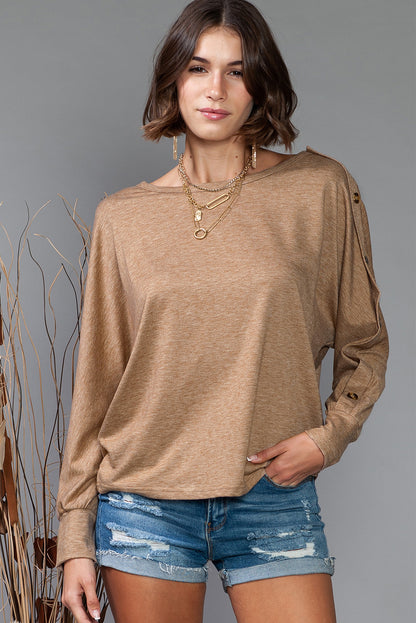 Gray Solid Color Button Decor Dolman Sleeve Top