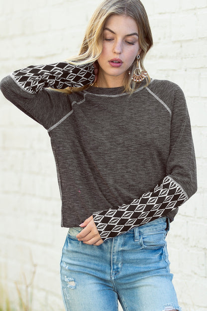 Gray Ribbed Casual Geometric Patchwork Long Sleeve Top