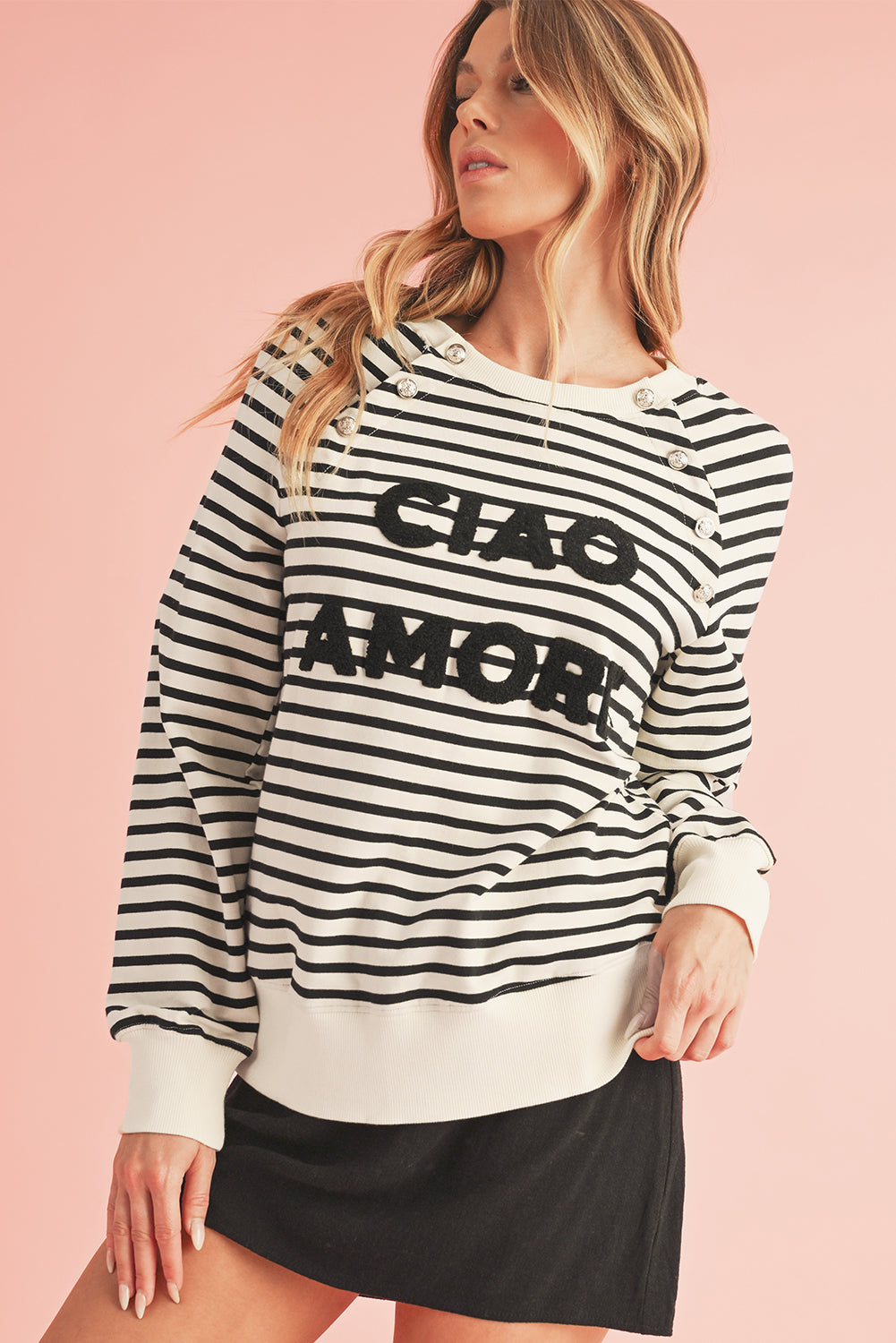 Black Stripe CIAO AMORE Graphic Buttoned Sweatshirt