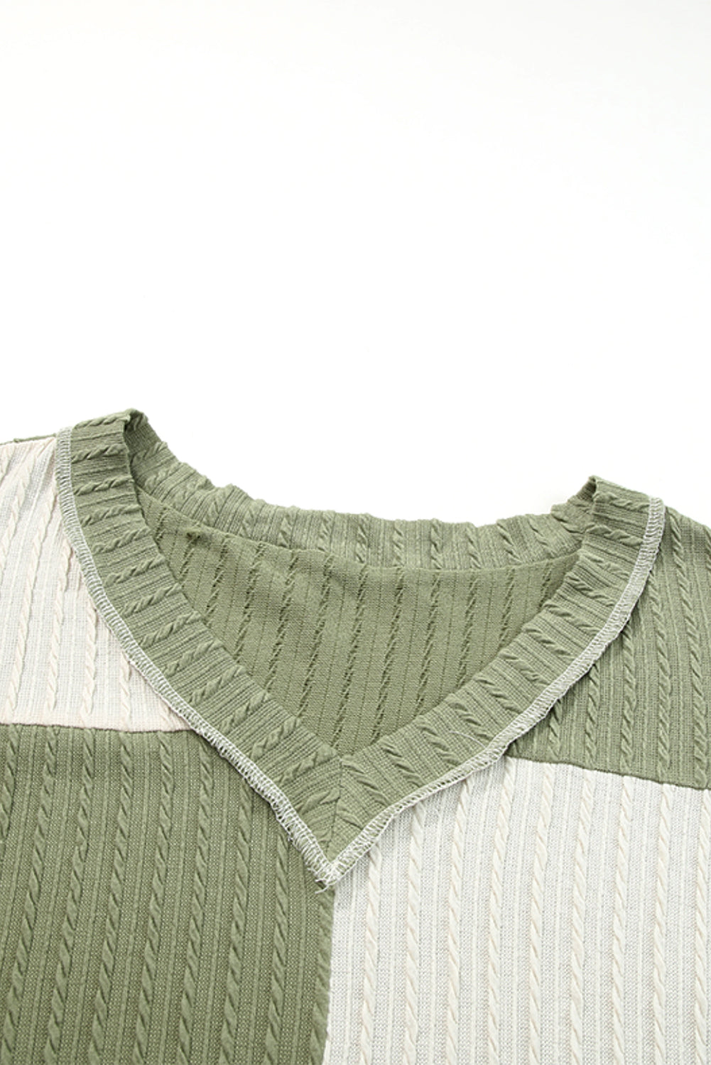 Green and Beige Color Block Textured V Neck Long Sleeve Top