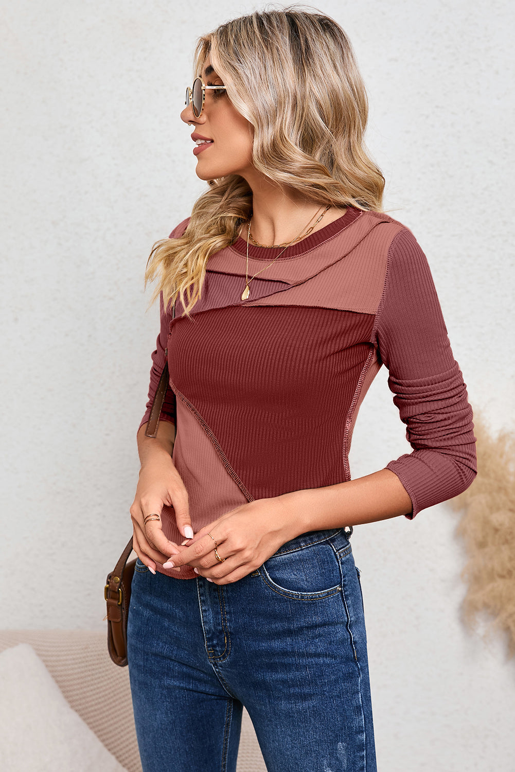 Brown Expose Seam Color Block Ribbed Knit Top