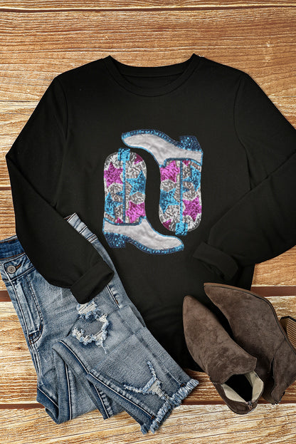 Black Sequins Star Cowboy Boots Graphic Top