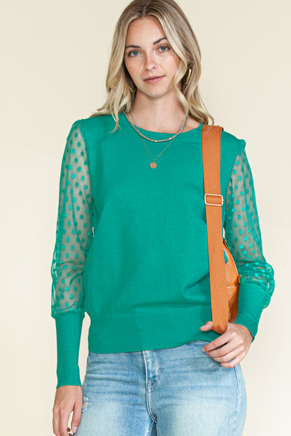 Green Dotted Mesh Puff Sleeve Top