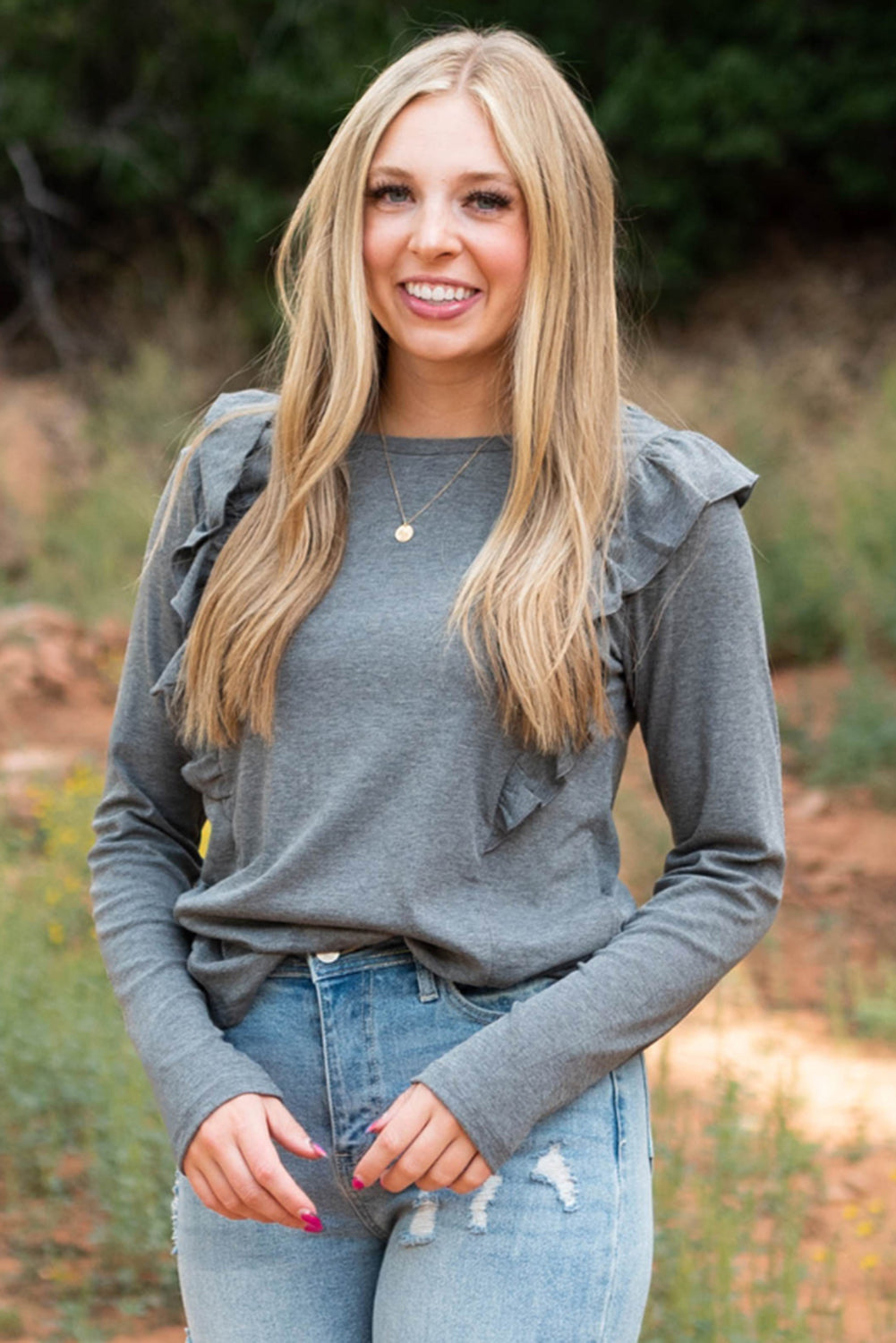 Dark Grey Solid Color Ruffle Long Sleeve Top