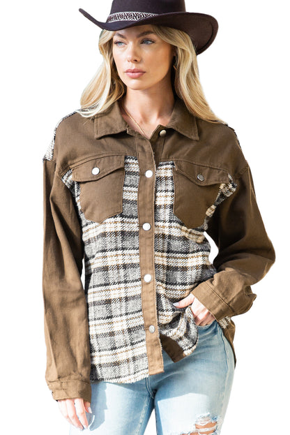 Brown Plaid Patchwork Pockets Denim Jacket