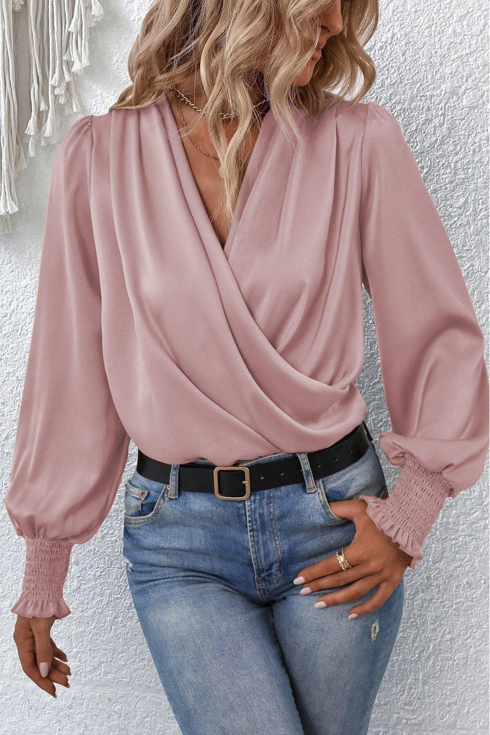 Black Basic Drape V Neck Long Sleeve Women Blouse