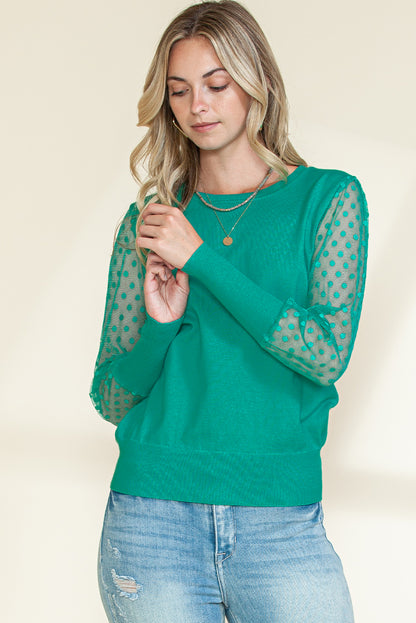 Green Dotted Mesh Puff Sleeve Top