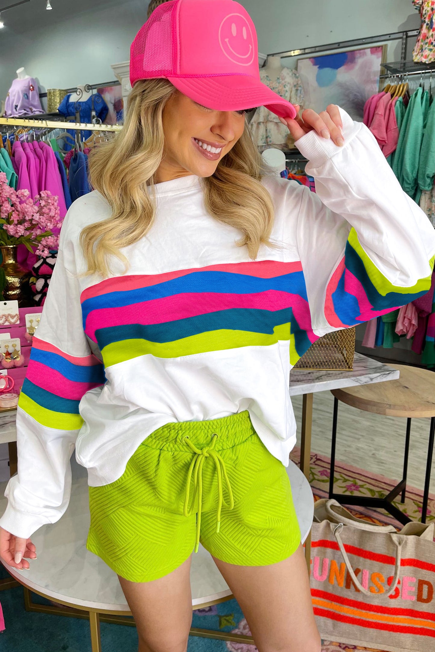 Green Colorful Striped Round Neck Long Sleeve Top