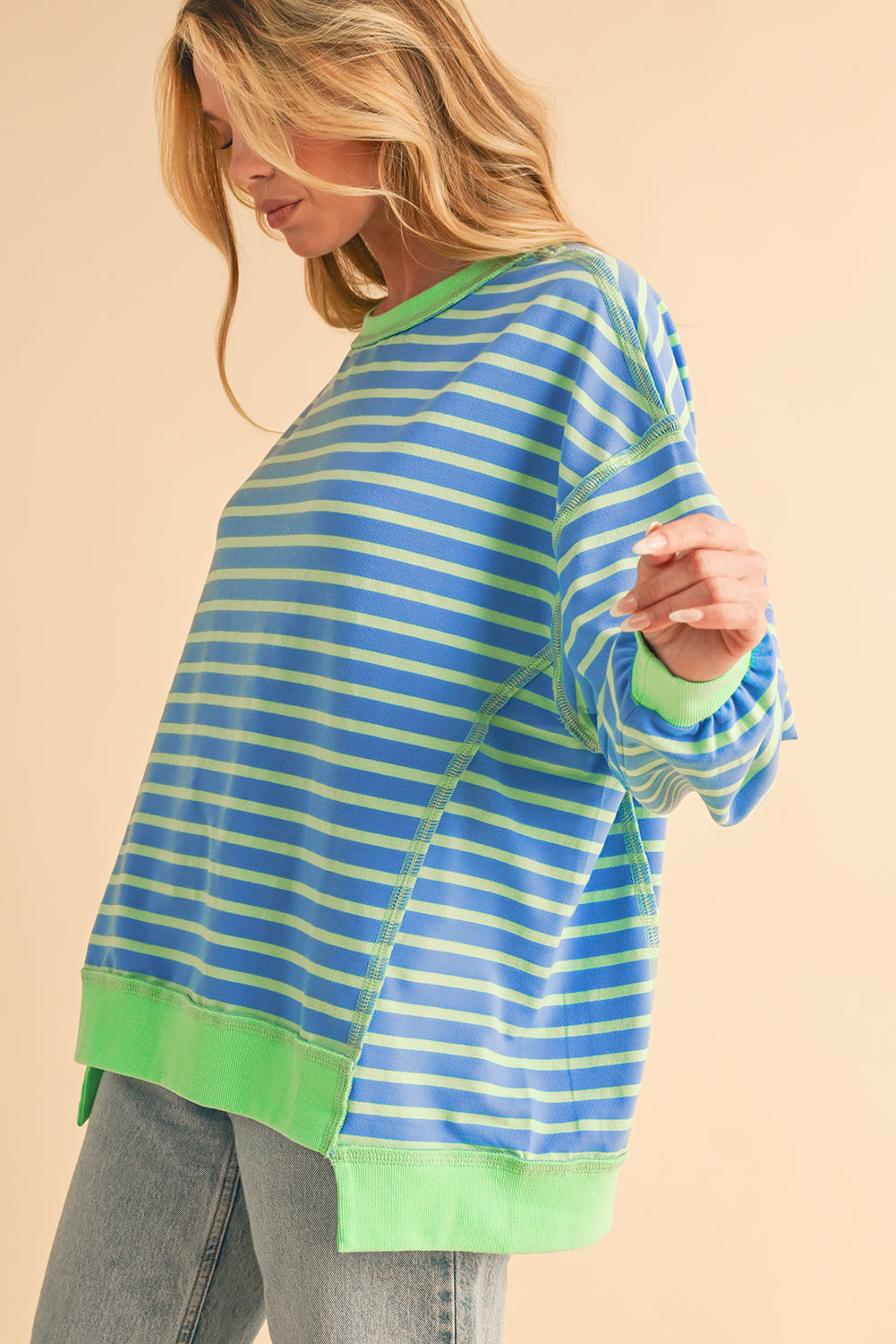 Sky Blue Stripe Contrast Trim High Low Tunic Sweatshirt