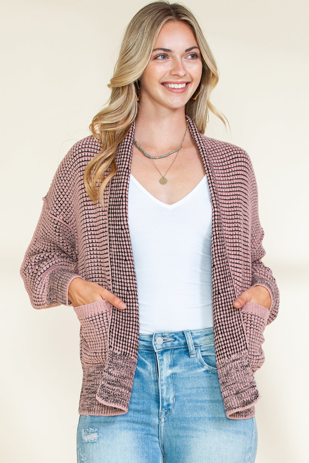 Apricot Chunky Knit Pockets Drop Sleeve Cardigan