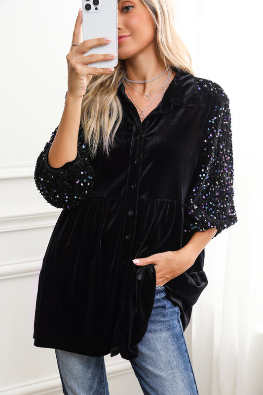 Black Velvet Sequin Puff Sleeve Button Babydoll Blouse