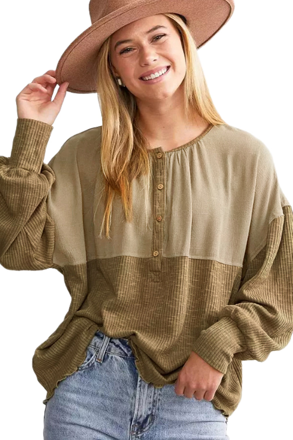 Khaki Ribbed Patchwork Bishop Sleeve Henley Top