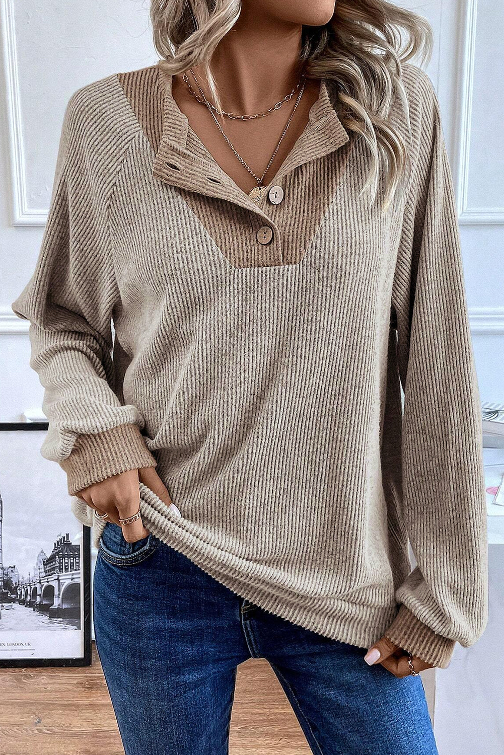 Jet Stream Contrast Ribbed Loose Fit Henley Top