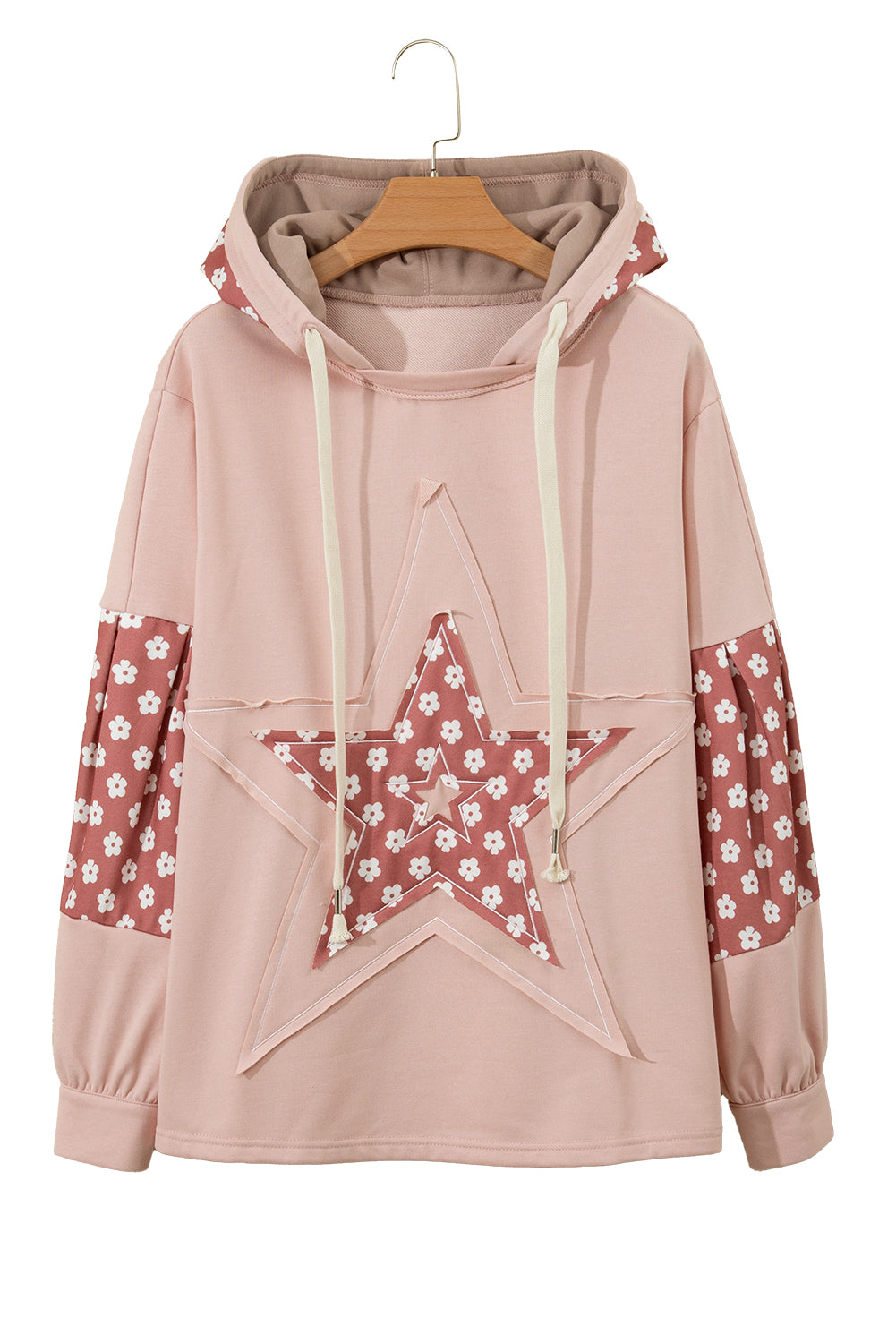 Apricot Floral Patchwork Star Pattern Drawstring Hoodie