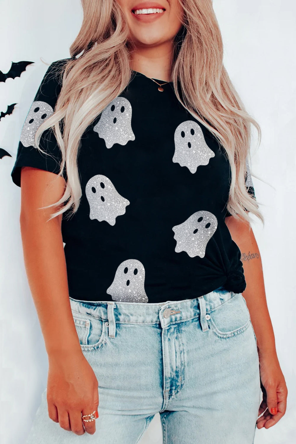 Black Glitter Ghost Pattern Crew Neck Halloween Graphic T Shirt