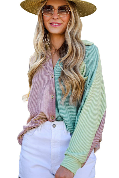 Phalaenopsis Color Block Crinkle Rib Buttoned Oversized Shirt