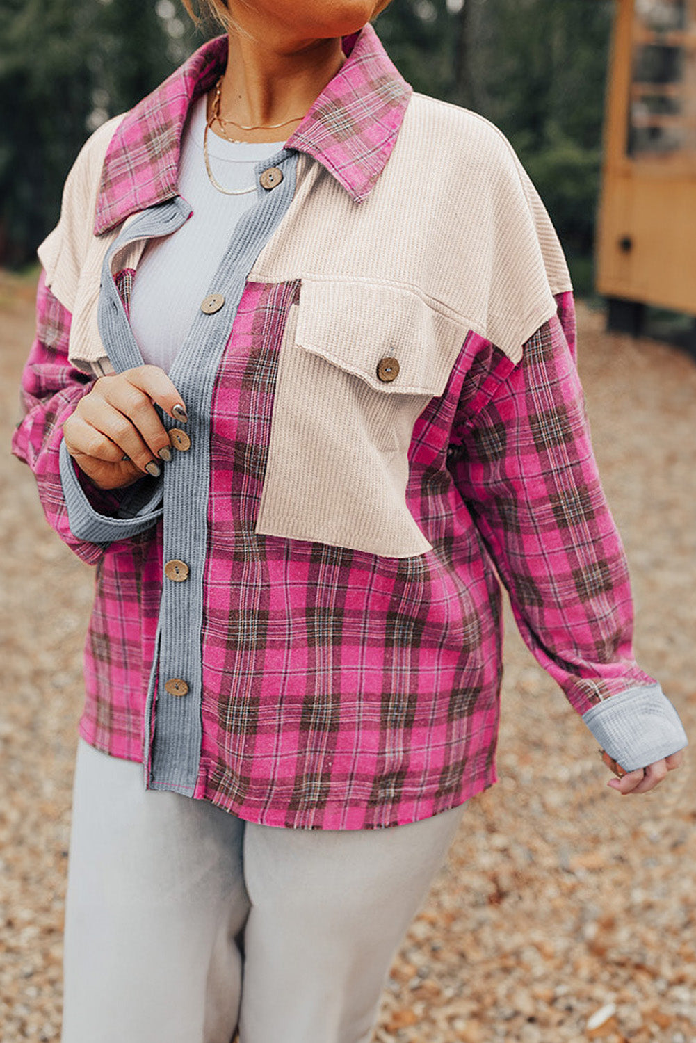 Red Plaid Print Patchwork Plus Size Shirt