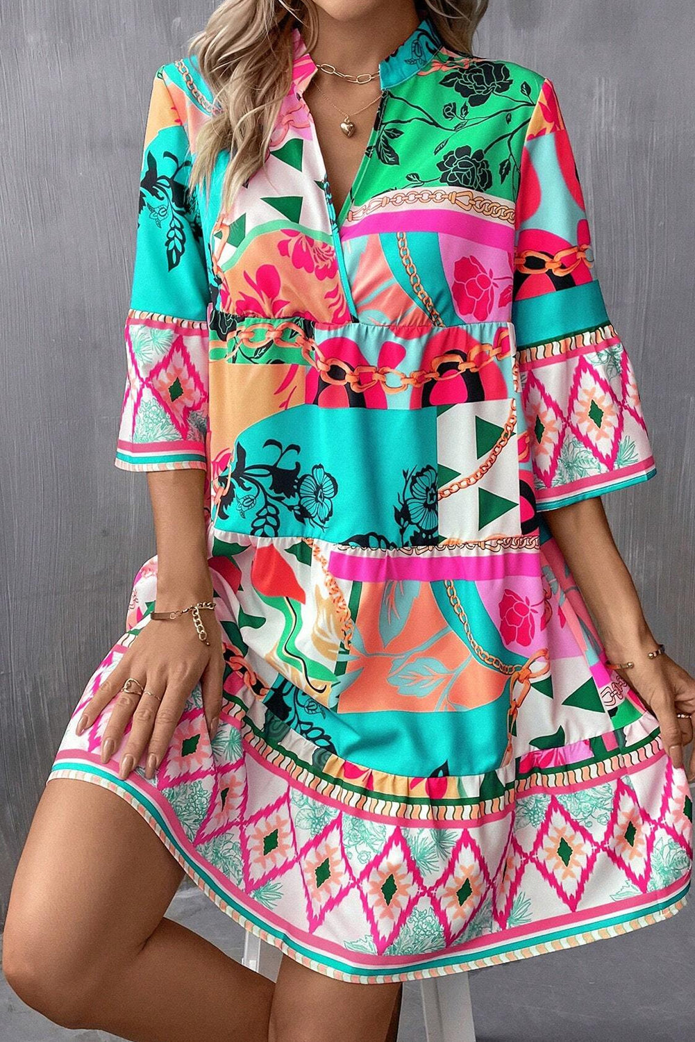  Boho Abstract Tiered Dress