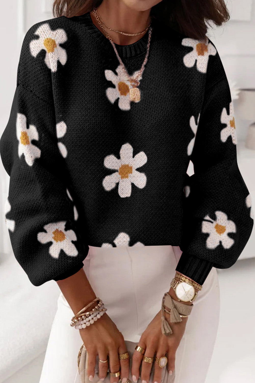 Pink Floral Pattern Drop Shoulder Pullover Knit Sweater